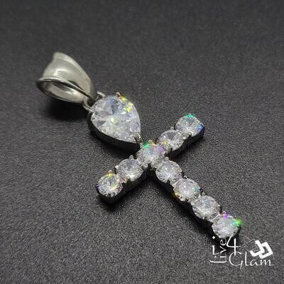 Stainless Steel Silver CZ Bling Tear Drop Cross Pendant