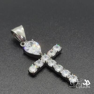 Stainless Steel Silver CZ Bling Tear Drop Cross Pendant