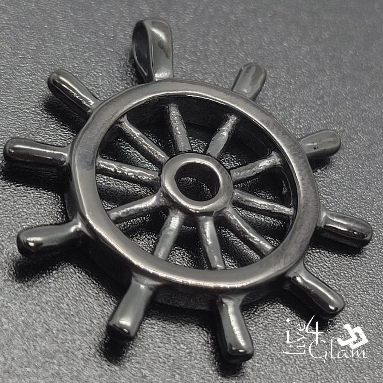 Stainless Steel Black Ship Wheel Pendant Small
