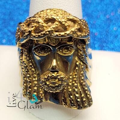 Stainless Steel Jesus w Crown Gold Ring