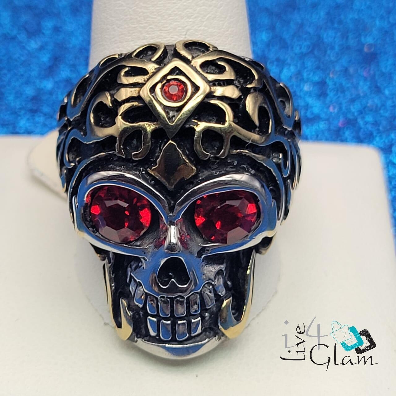 Stainless Steel Silver Skull w Red Gems