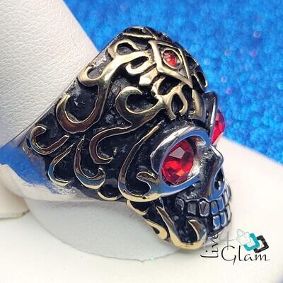 Stainless Steel Silver Skull w Red Gems