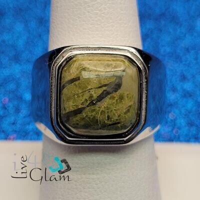 Stainless Steel Green Agate Ring Size 10