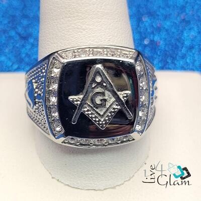 Stainless Steel Silver Cz Free Mason  Ring