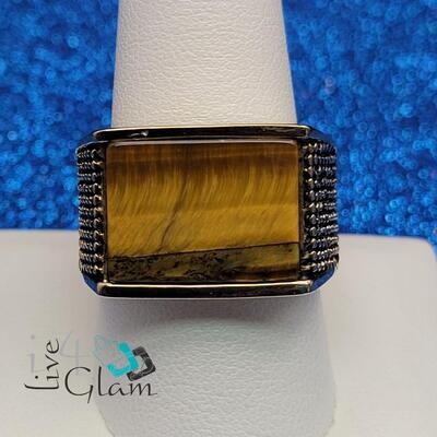 Stainless Steel Rectangle Tiger&#39;s Eye Ring Size 10