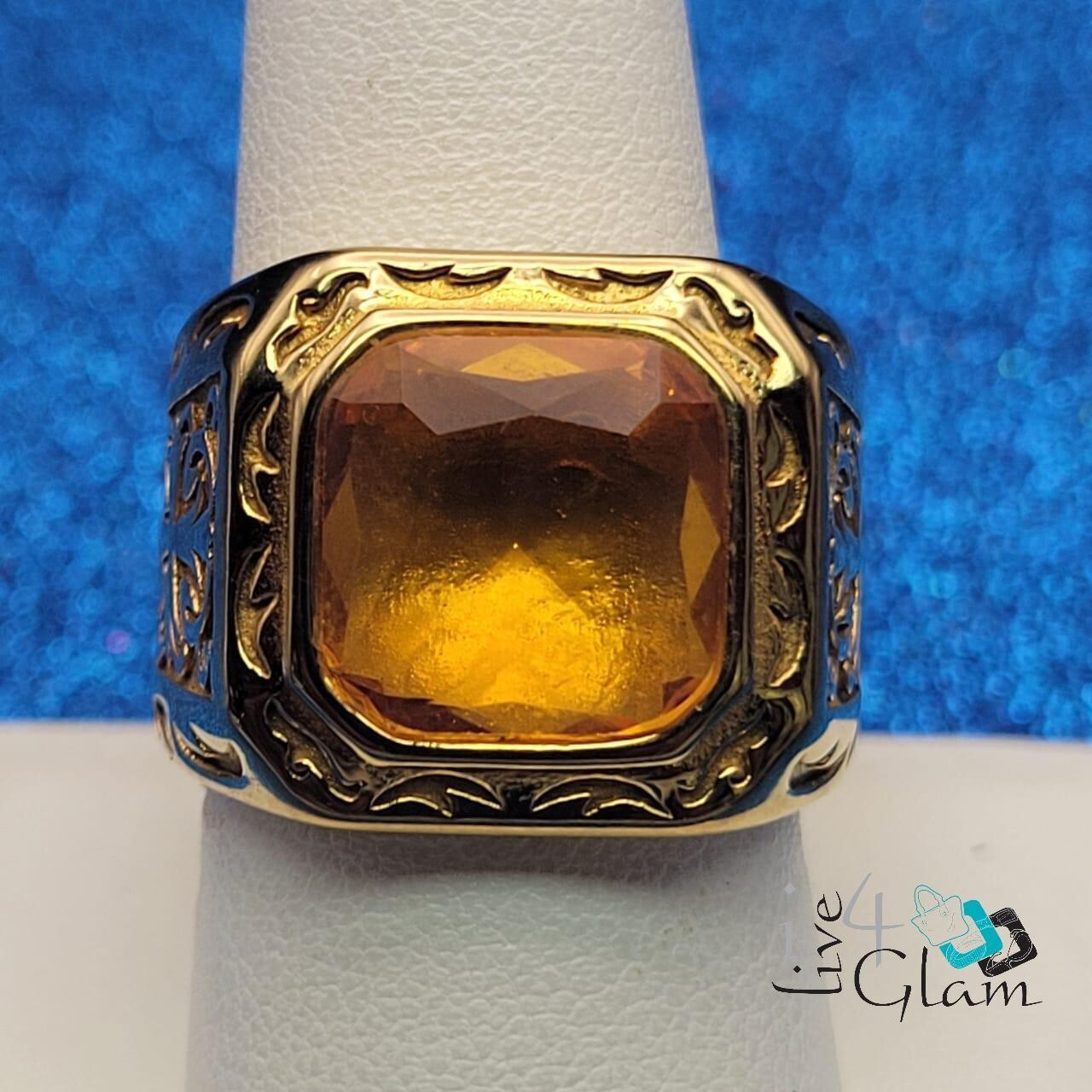 Stainless Steel Large Yellow Stone Ring