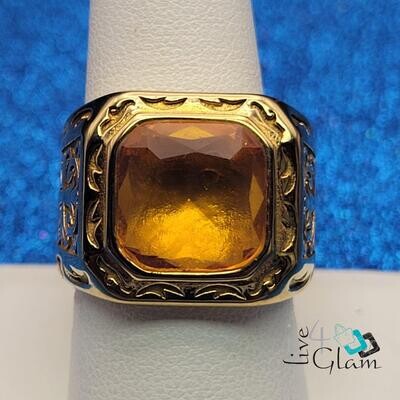 Stainless Steel Large Yellow Stone Ring