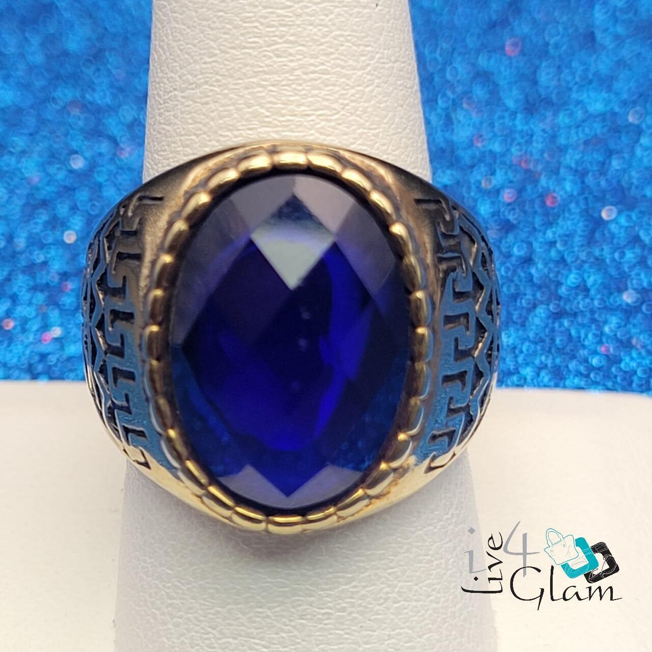 Stainless Steel Large Blue Stone Ring