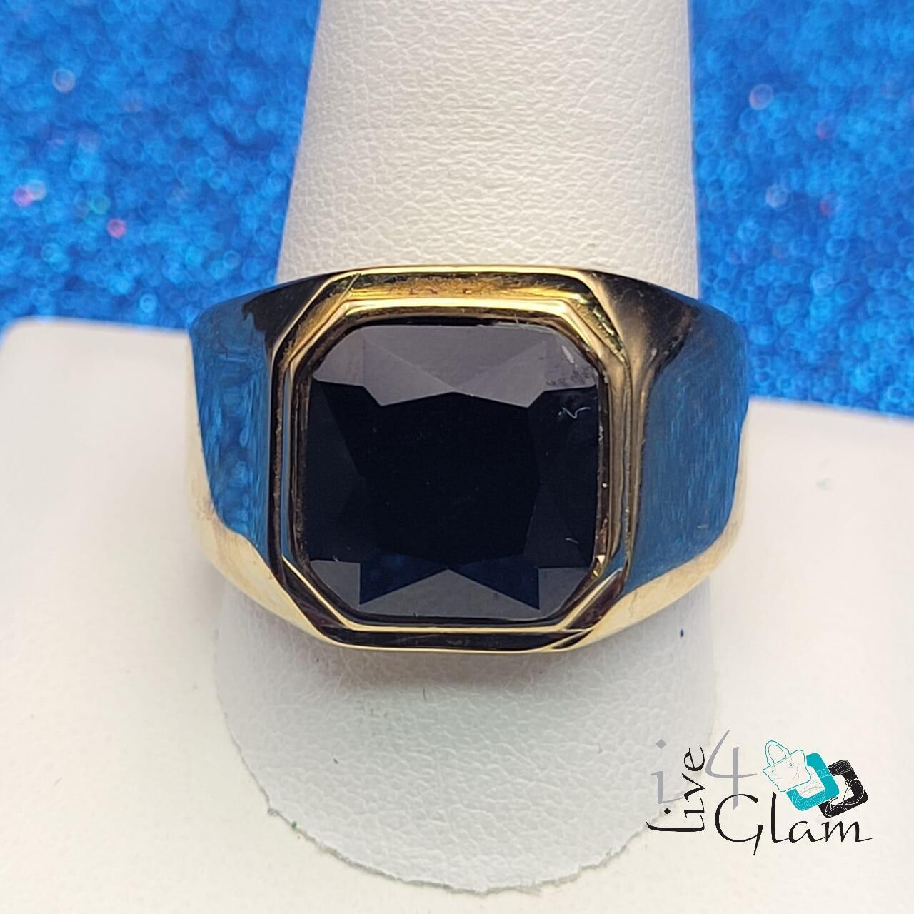 Stainless Steel Gold Black Stone Ring