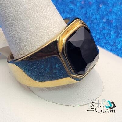 Stainless Steel Gold Black Stone Ring