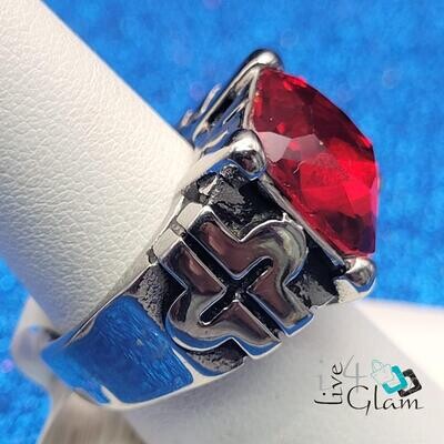Stainless Steel Large Red Stone  Silver Ring