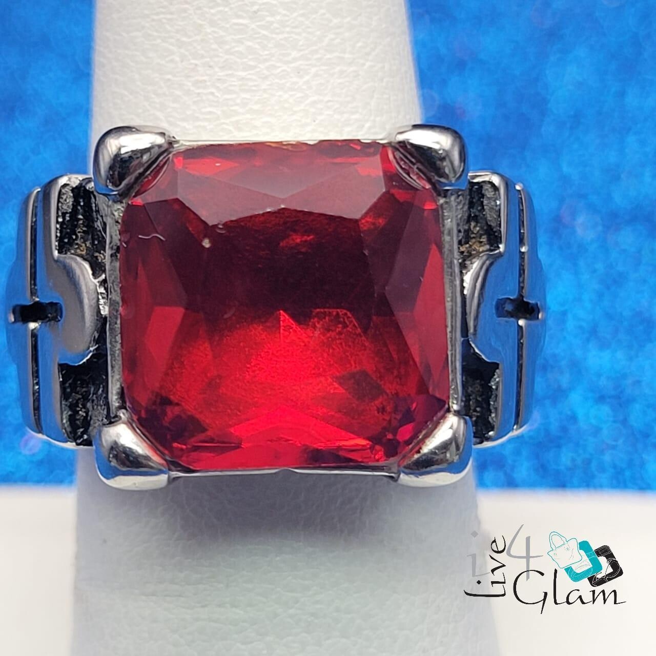 Stainless Steel Large Red Stone  Silver Ring