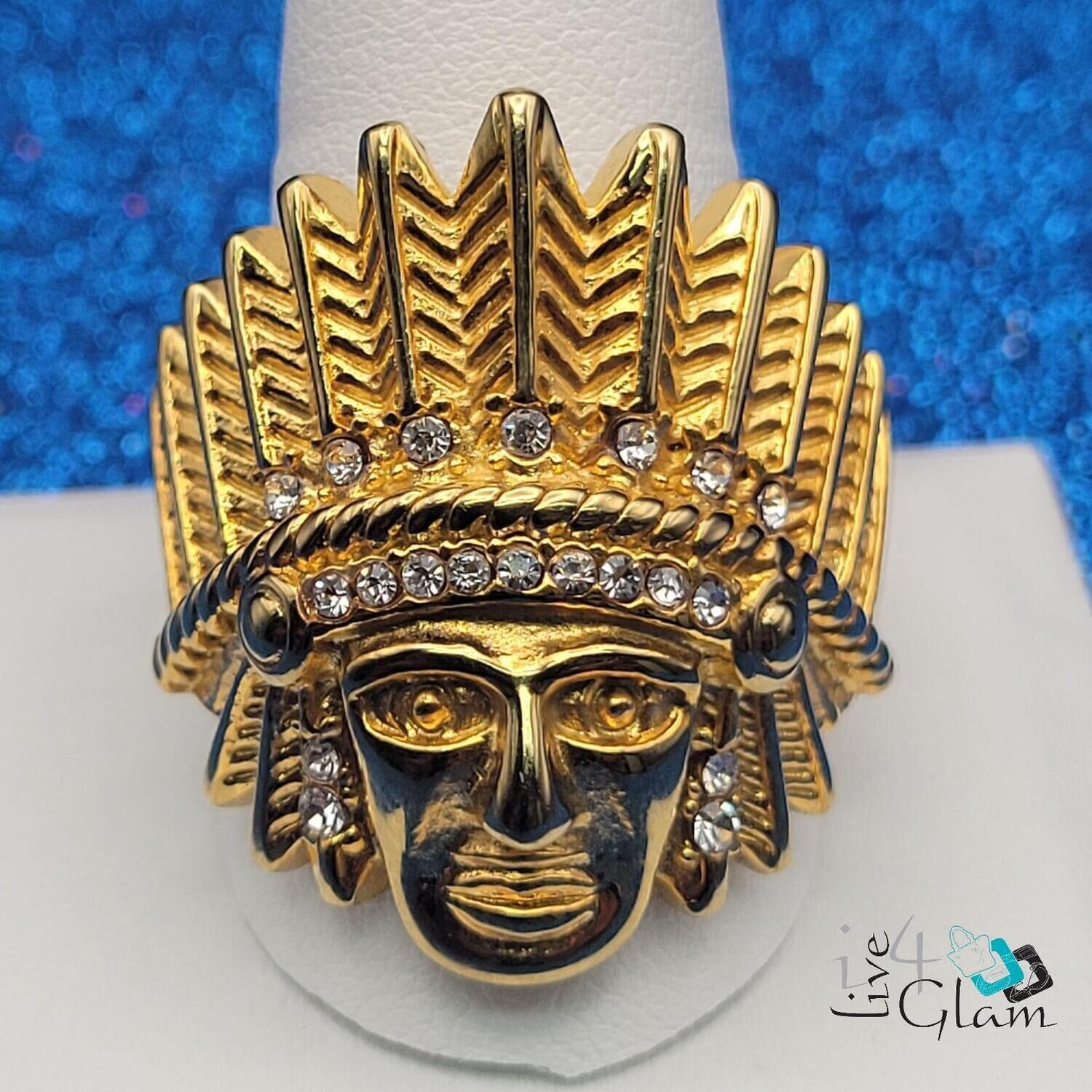 Stainless Steel Cz Gold Chief Ring