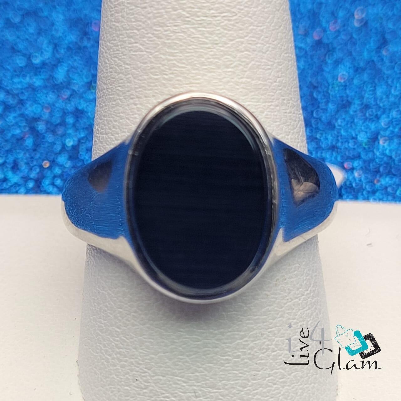 Stainless Steel Silver Ring w Black Oval Size 10