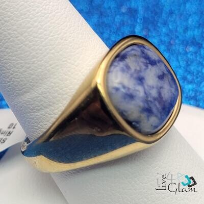 Stainless Steel Gold Ring w Blue Stone