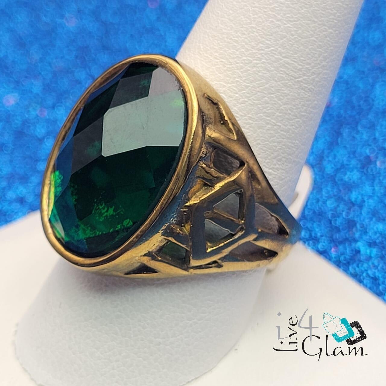 Stainless Steel Large Green Stone Ring