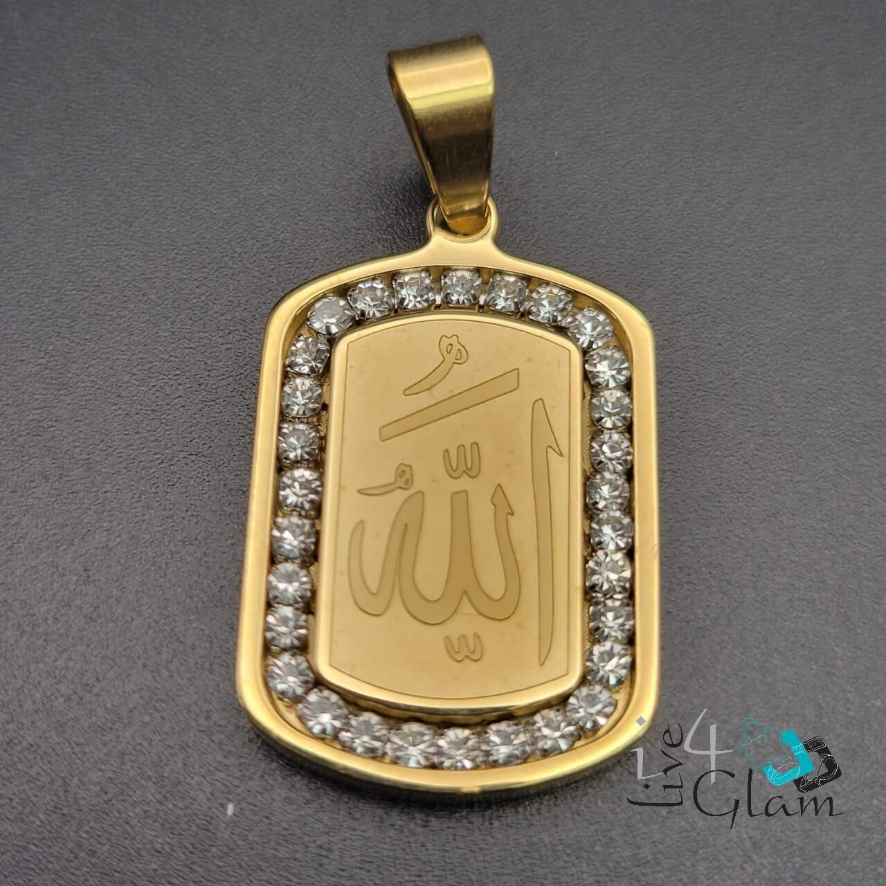 Stainless Steel Gold Cz Allah Dog Tag Pendant