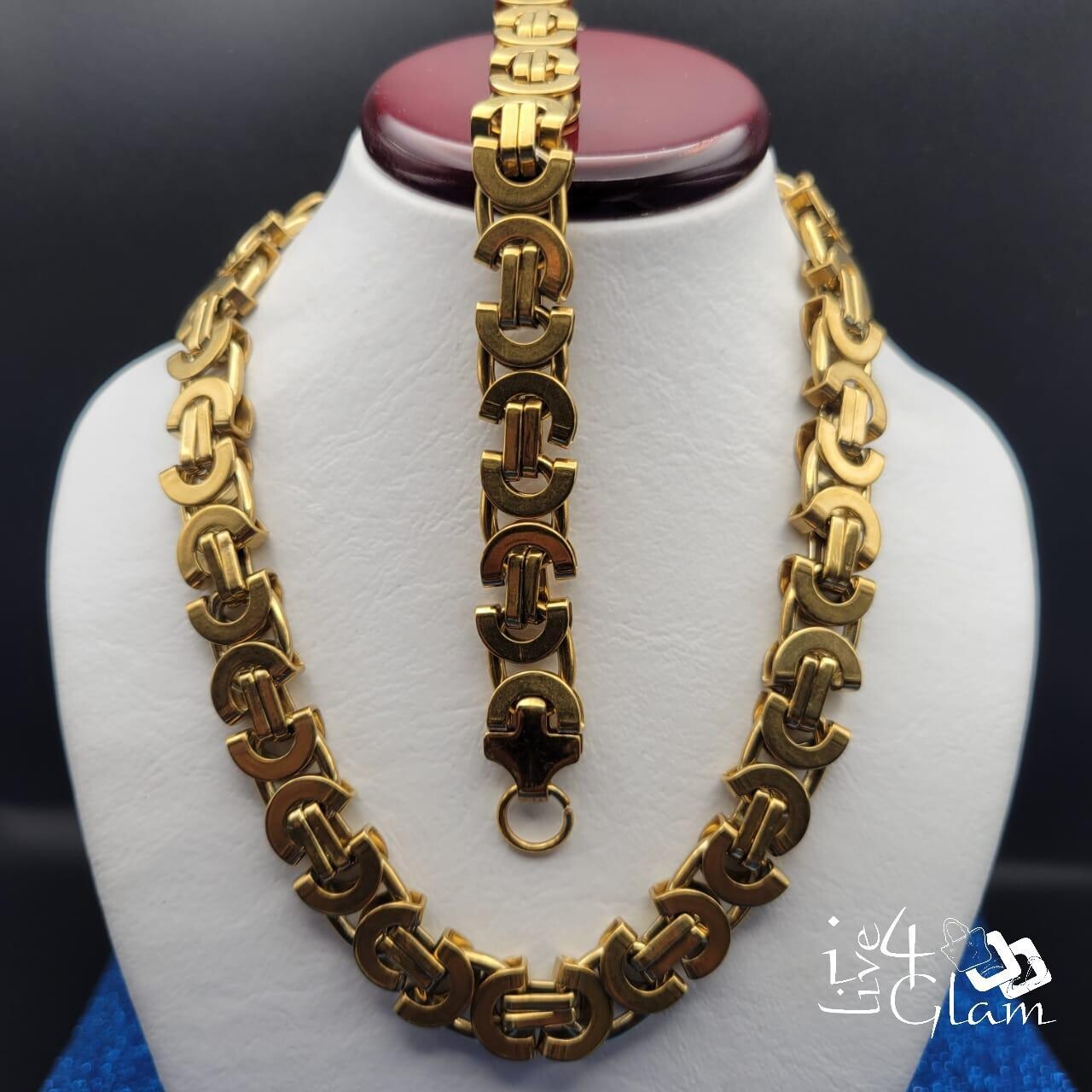 Stainless Steel Gold Chunky Byzantine  Chain and Hand Band Set