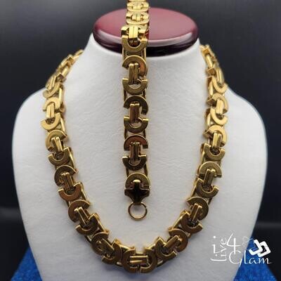 Stainless Steel Gold Chunky Byzantine  Chain and Hand Band Set