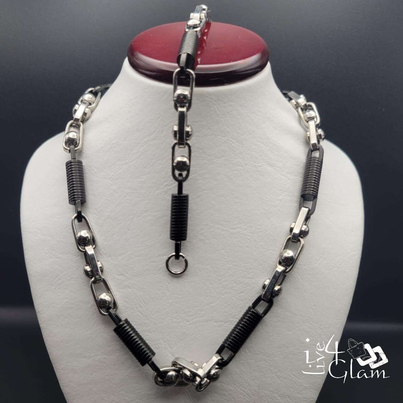 Stainless Steel Black/Silver Link Chain and Hand Band Set