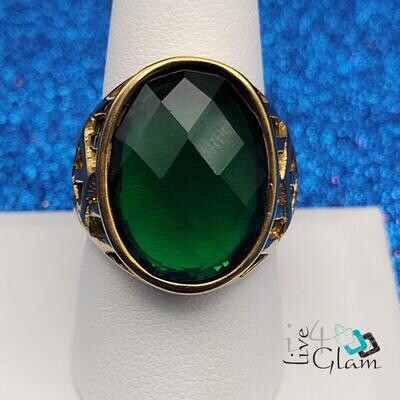 Stainless Steel Large Green Stone Ring