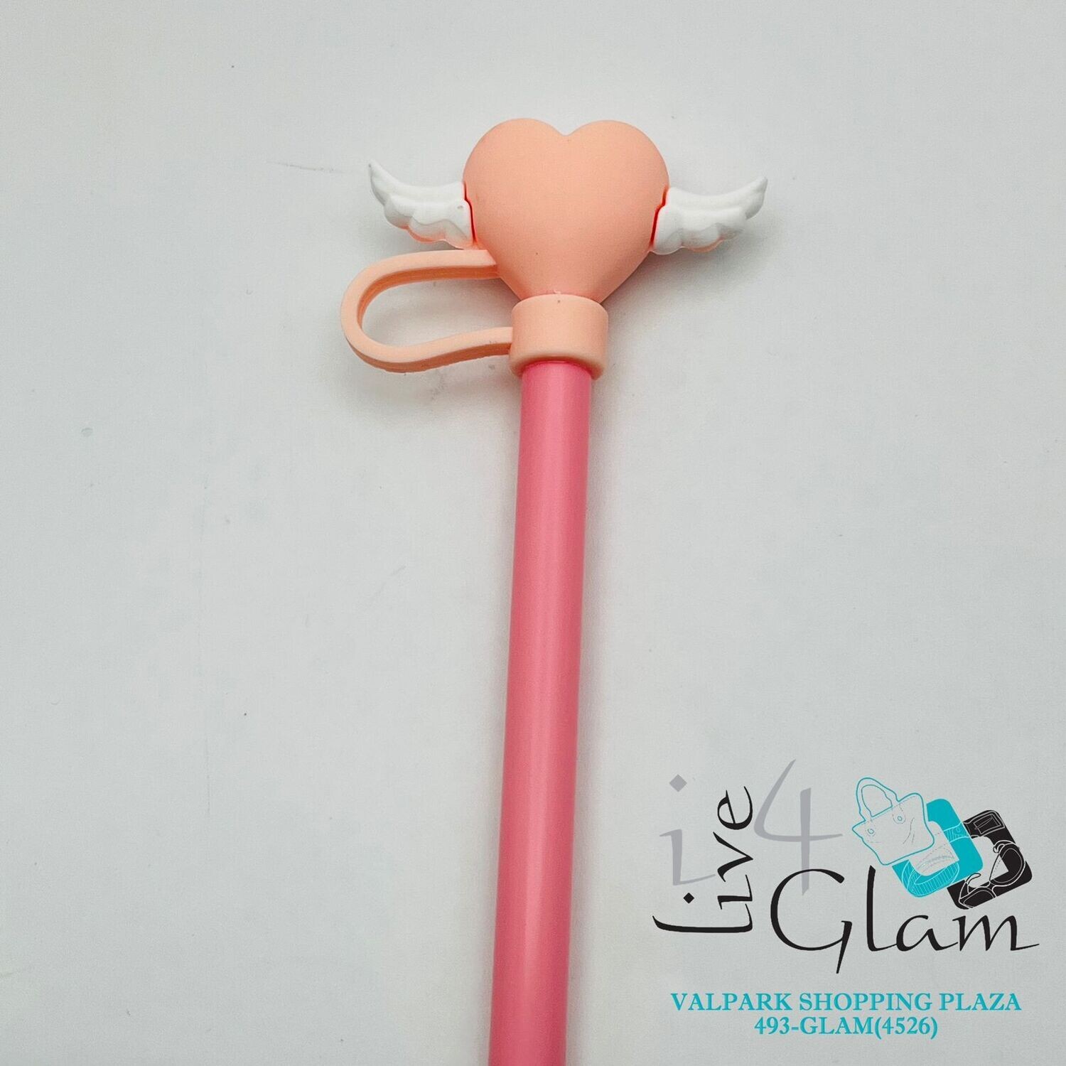Pink Heart w Wings Straw Cover w Straw
