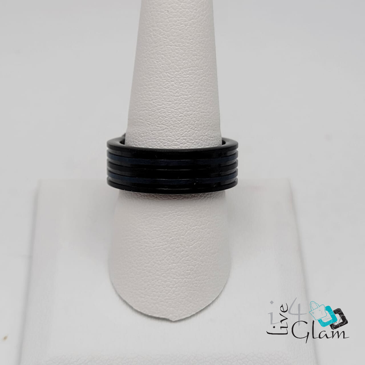 Stainless Steel Ring Black w Double Blue Stripe