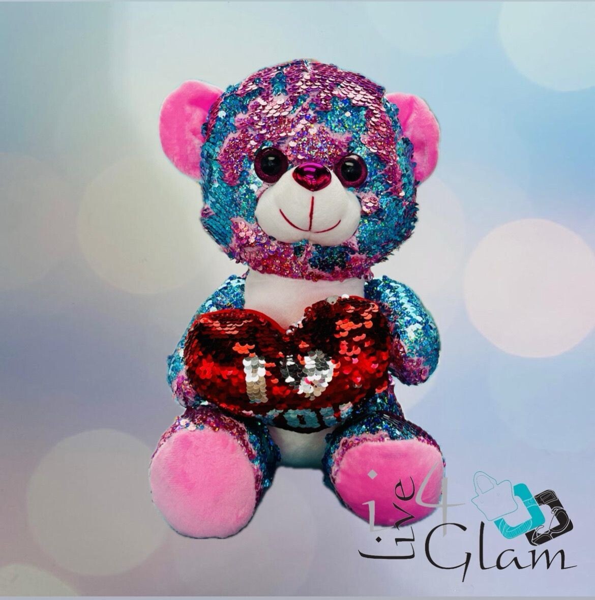 Small Sequin Teddy Bear, Color: Pink/Blue