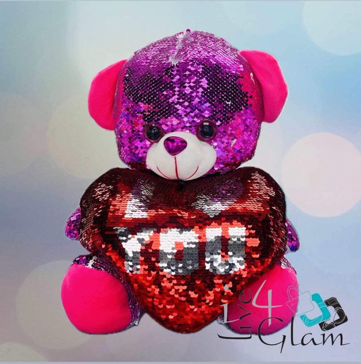 Medium Sequin Teddy Bear, Color: Pink/White