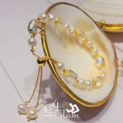 Genuine Pearl w Gemstone Pull String Bracelet White