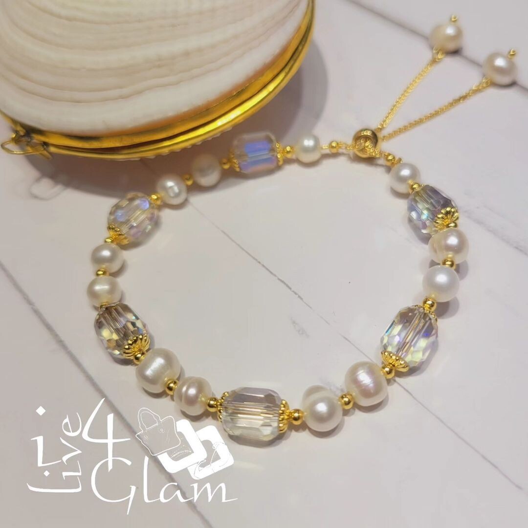 Genuine Pearl w Gemstone Pull String Bracelet White