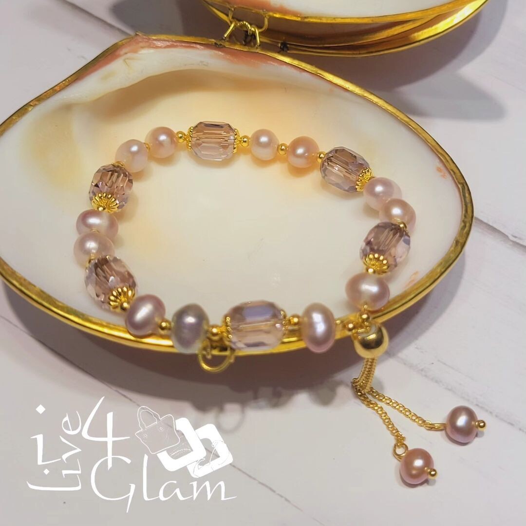 Genuine Pearl w Gemstone Pull String Bracelet Purple