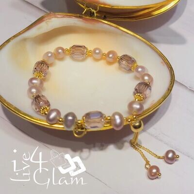 Genuine Pearl w Gemstone Pull String Bracelet Purple