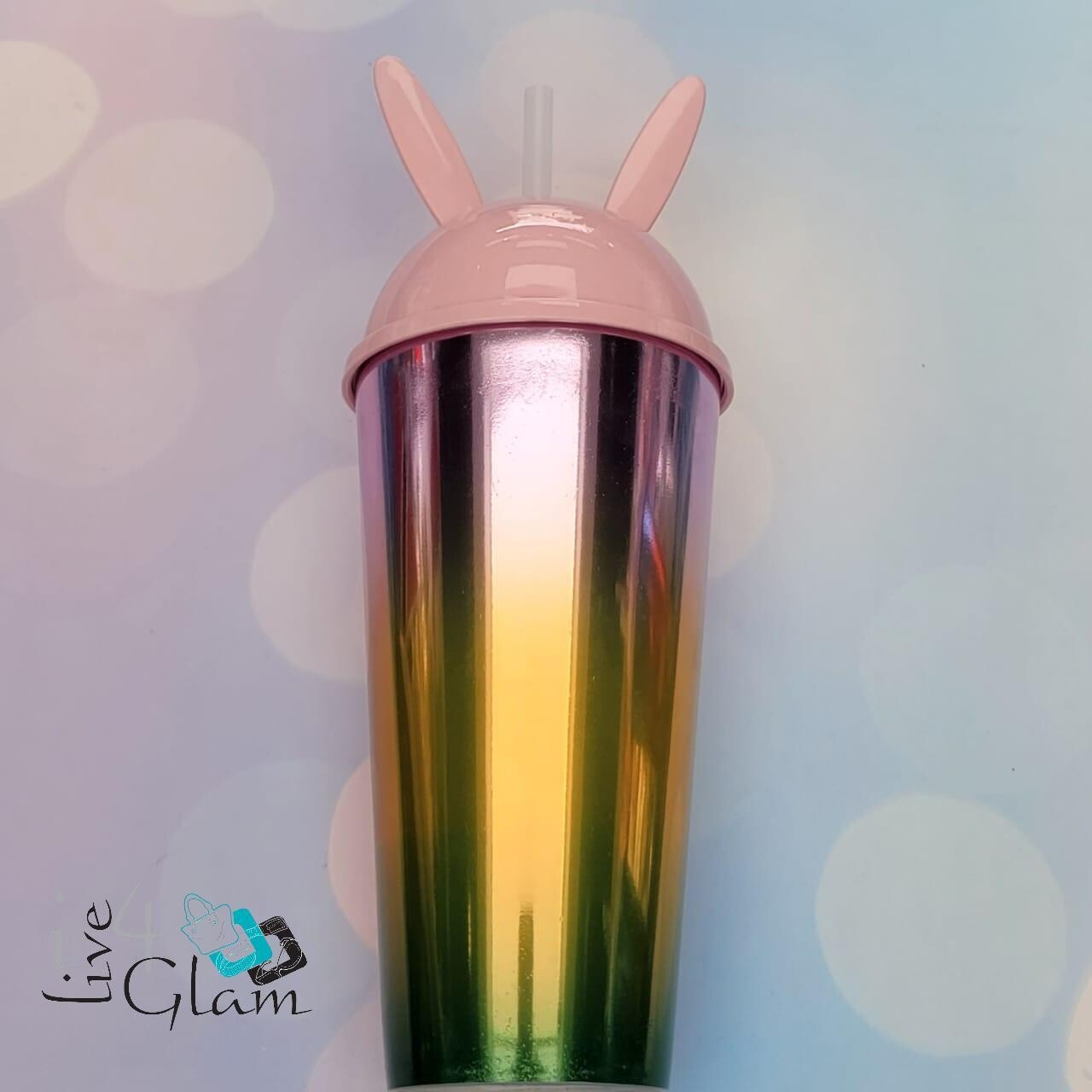 Iridescent Bunny  Cup w Straw, Color: Pink