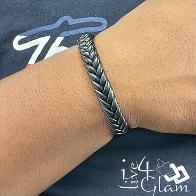 Stainless Steel Braided Black Leather Hand Band