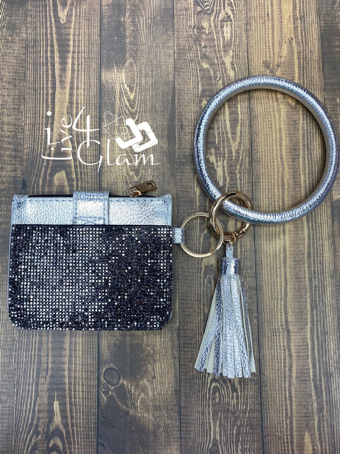 Bedazzled Cardholder Wristlet , Color: Silver/Black