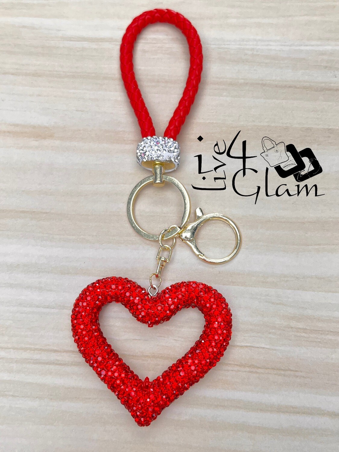 Rhinestone Hollow Heart Keychain, Color: Red