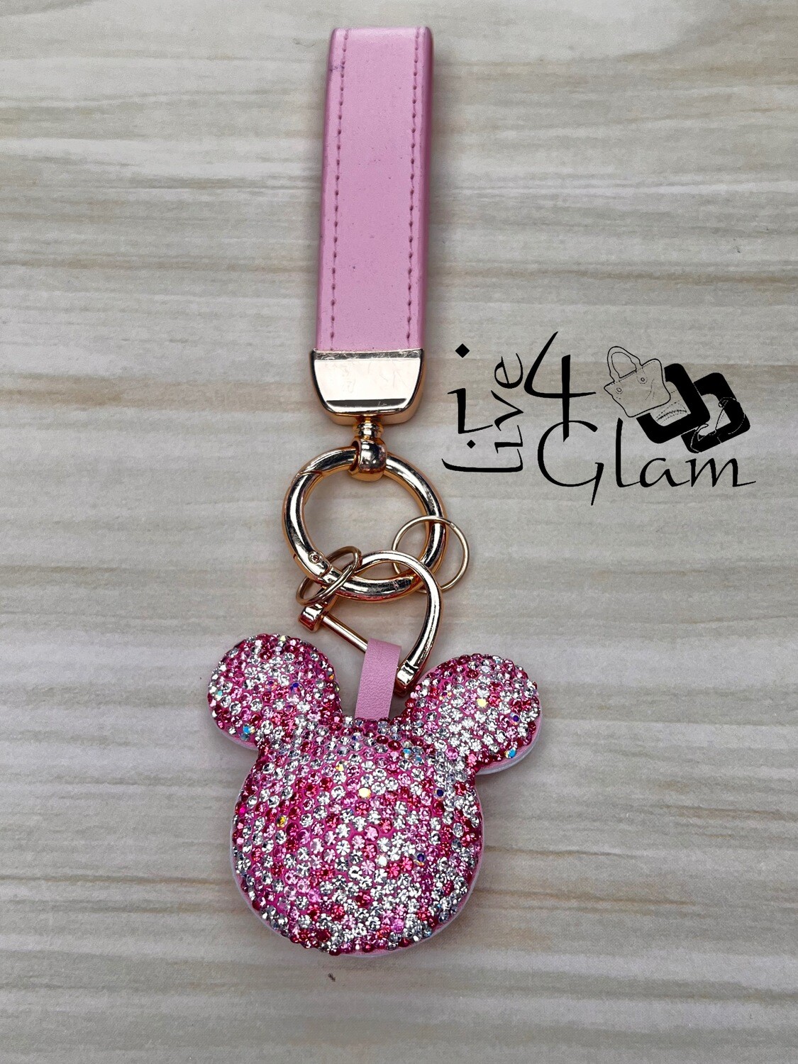 Pink Mickey Keychain w Leather Strap