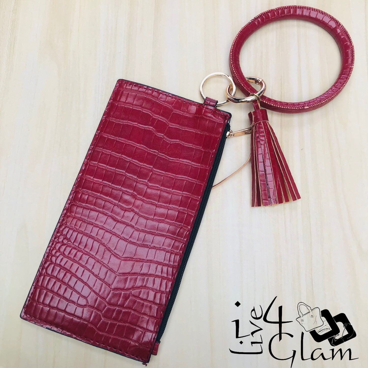 Snake Print Wristlet w Keychain, Color: Red