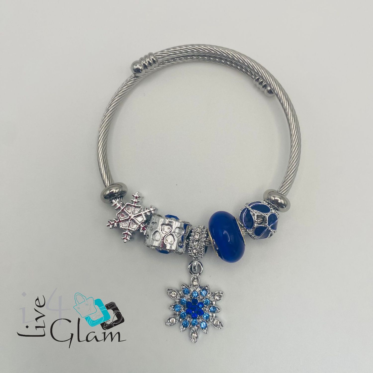 Stainless Steel Snowflake Charm Bracelet, Color: Blue