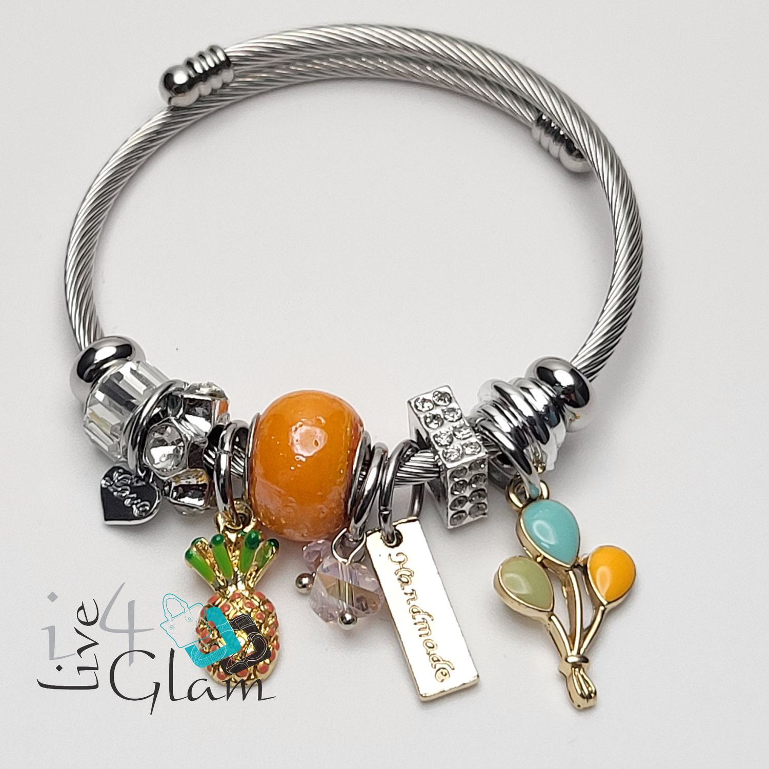Stainless Steel Pineapple Charm Bracelet, Color: Orange