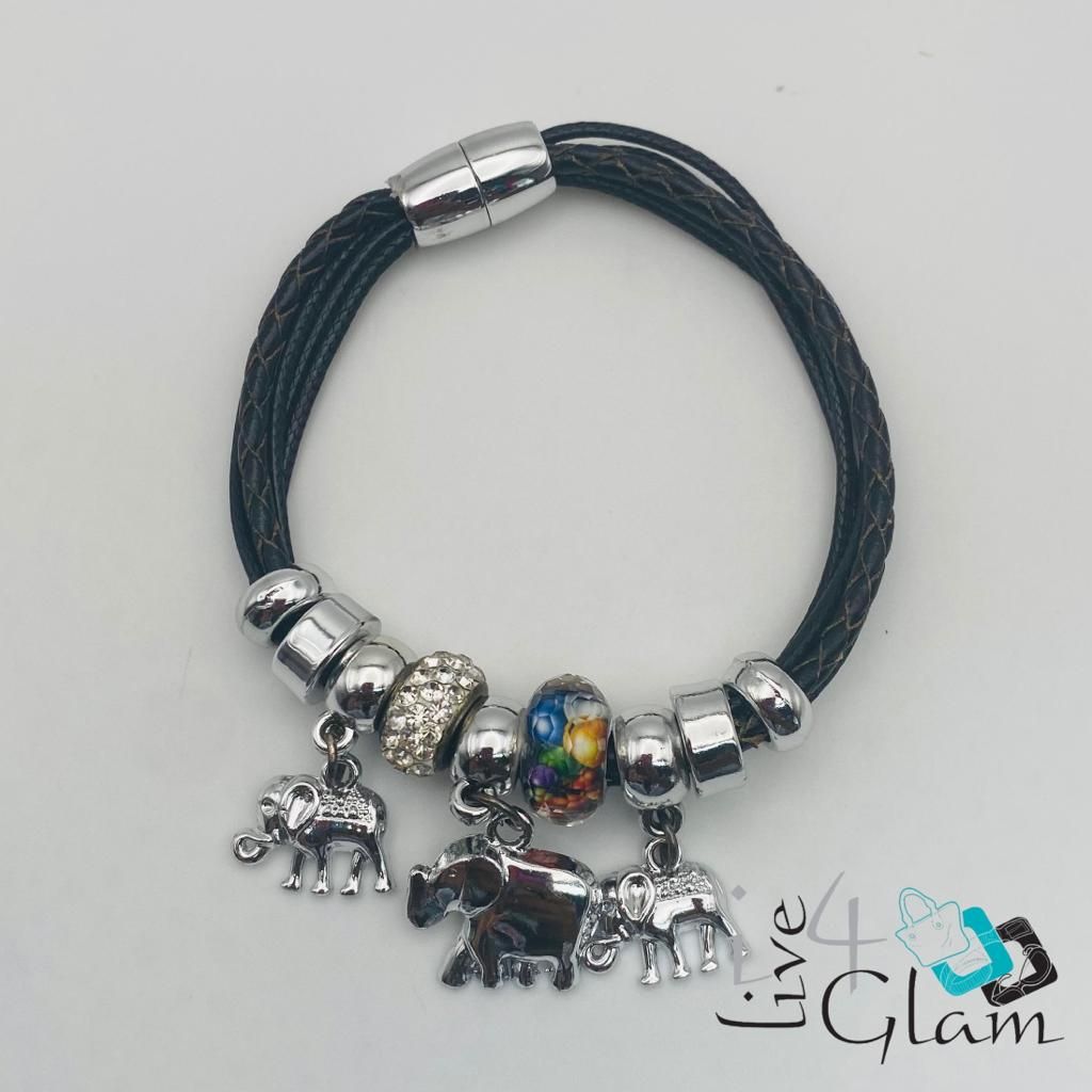 Magnetic Leather Elephant Charm Bracelet, Color: Black