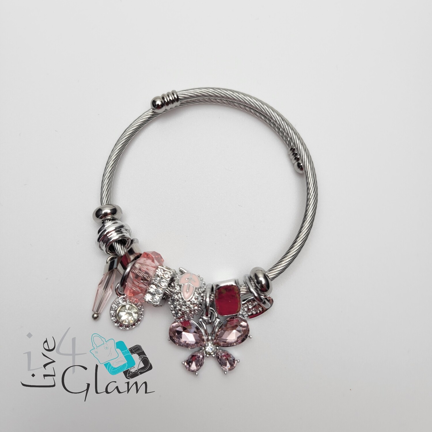 Stainless Steel Butterfly CZ Charm Bracelet, Color: Pink
