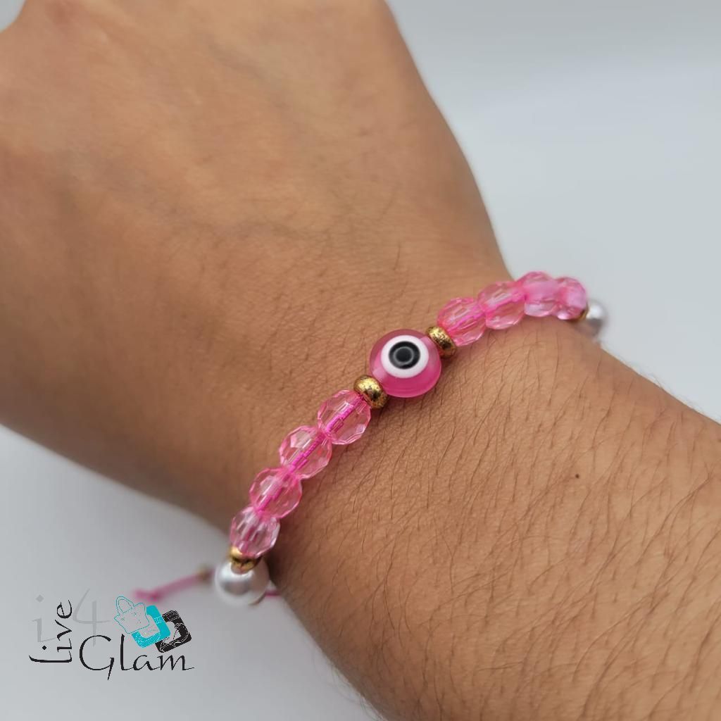 Glass Evil Eye Pull String Bracelet, Color: Pink