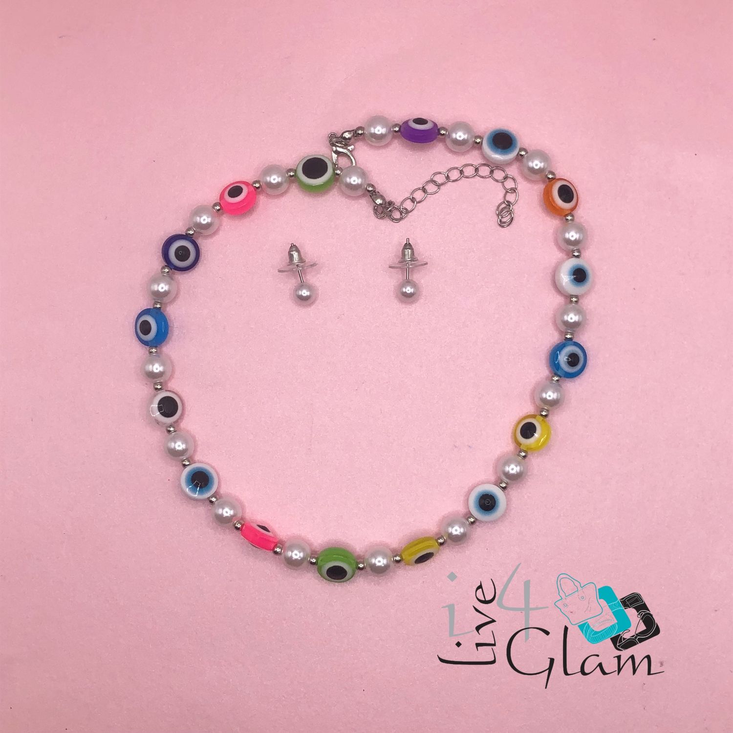 Faux Pearl Stud and Necklace, Style: Evil Eye