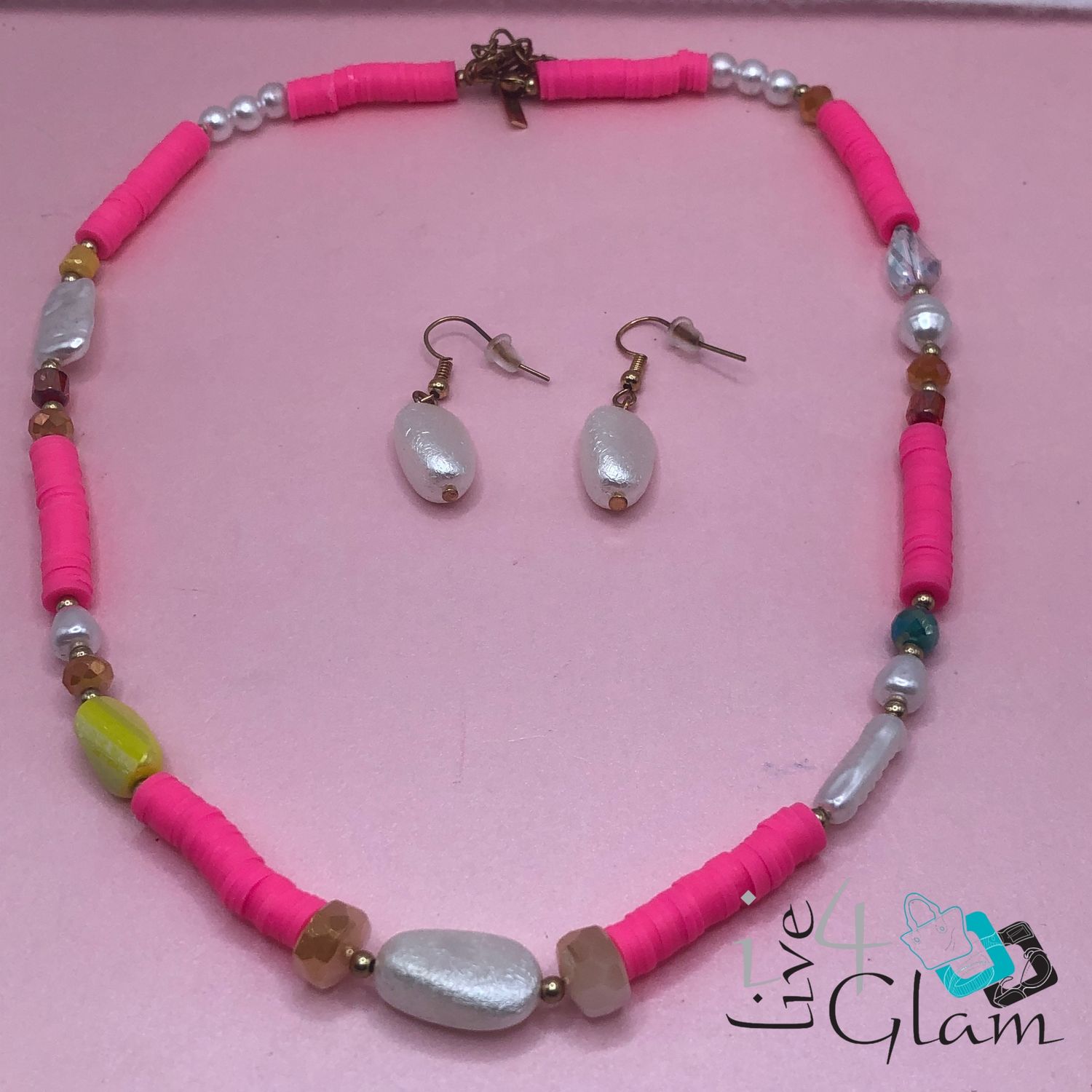 Hanging Faux Baroque Pearl and Necklace, Color: Pink