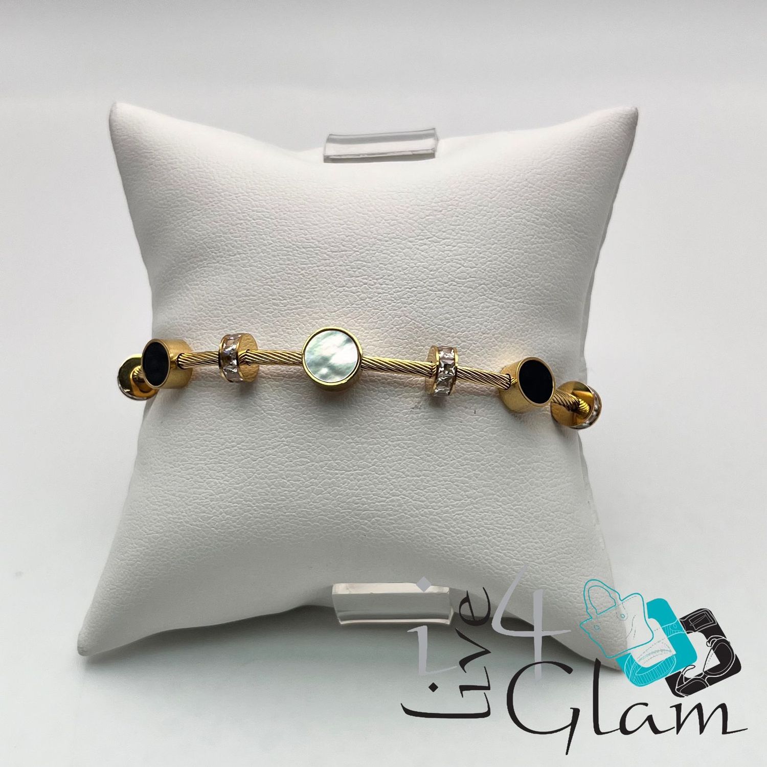 Stainless Steel Cable Bangle w Mother of Pearl, Color: Gold