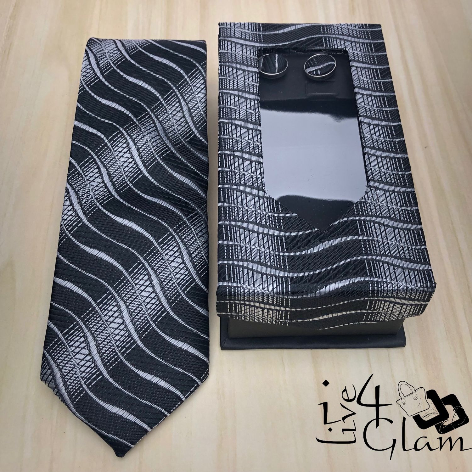 Men&#39;s Tie and Cuff Link Set Black w Gray Lines