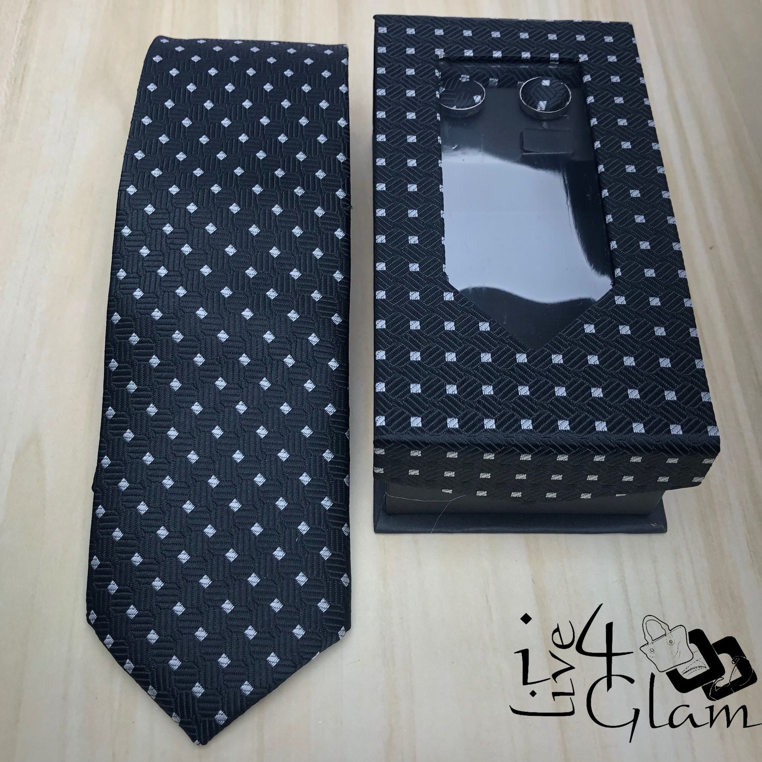 Men&#39;s Tie and Cuff Link Set Black w Gray Square