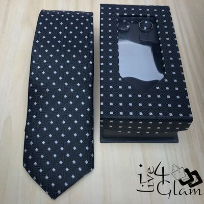 Men&#39;s Tie and Cuff Link Set Black w Gray Square